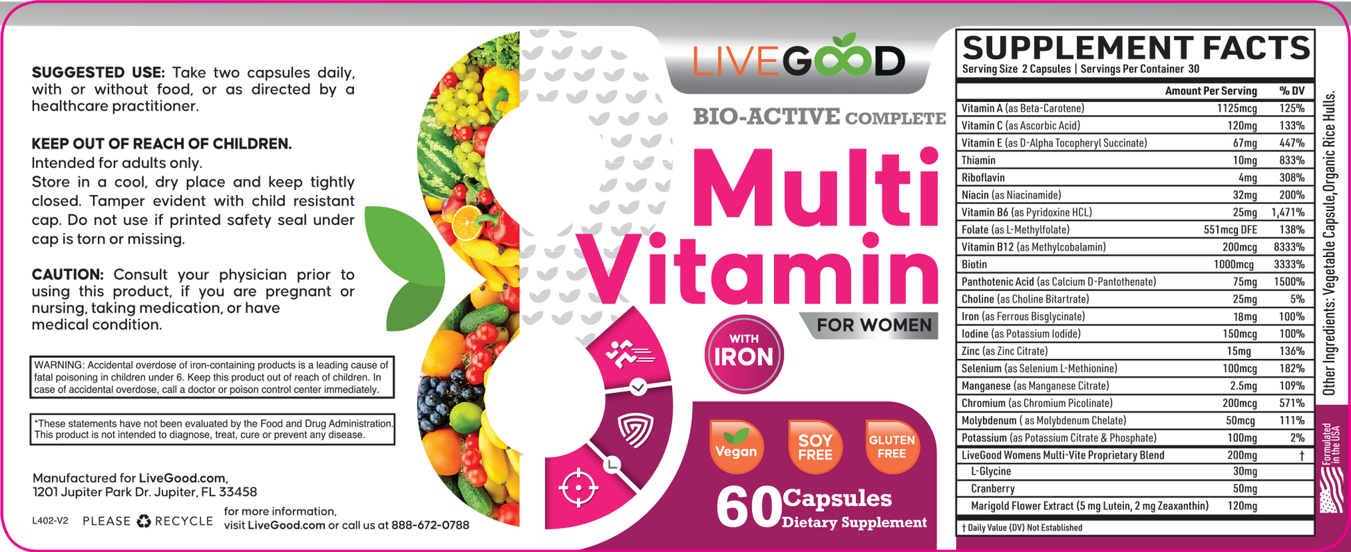 LiveGood Bio-Active Complete Multi-Vitamin for Women with Iron